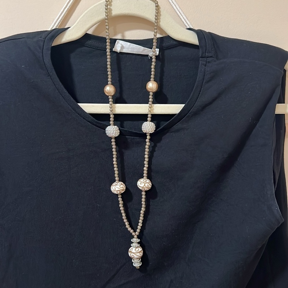 Handmade silver, tan and gold beaded necklace 14in